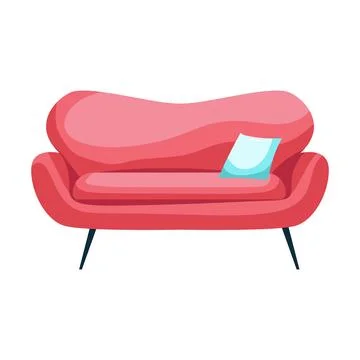 Red rounded sofa with pillow in flat design. Empty luxury stylish divan. Vect Stock Illustration