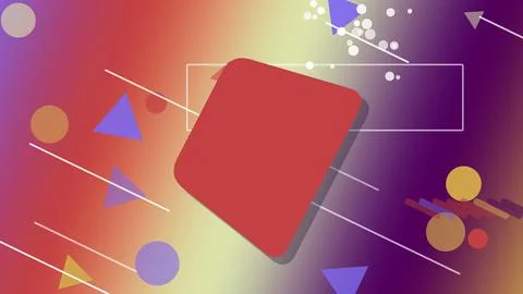 A red rounded square tilts over a rainbow gradient, surrounded by geometric.. Illustrazione stock