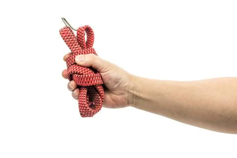 Red rubber binding rope in hand Stock Photos