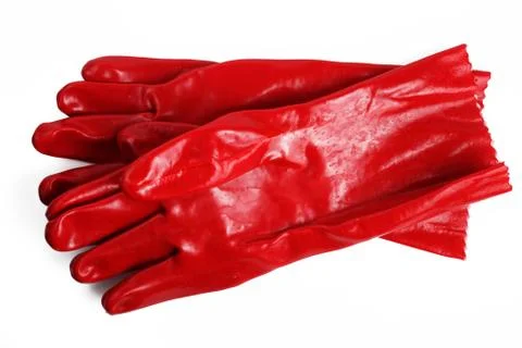 Red rubber gloves on a white background, isolate, top view. Foto stock