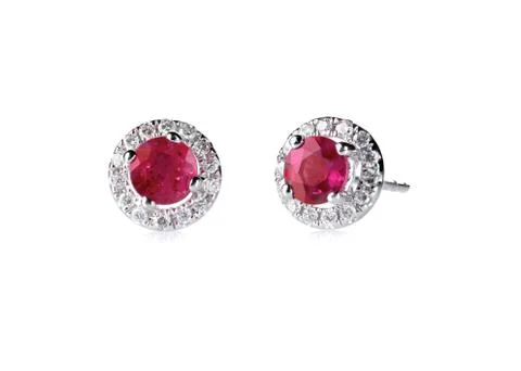 Red ruby halo setting diamond stud earrings set 스톡 사진