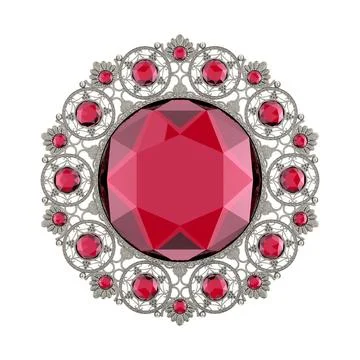 Red Ruby or Diamond  Precious Stones Jewelry Vintage Baroque Brooch. 3d Rende Stock Illustration