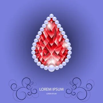 Red ruby in share of drop with pearls Illustrazione stock