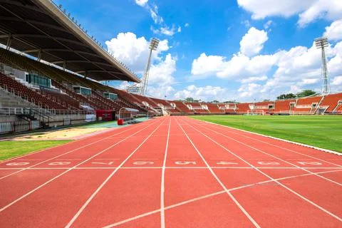 Red running track start point in athletic stadium from bangkok thailand on 20 Stock Photos