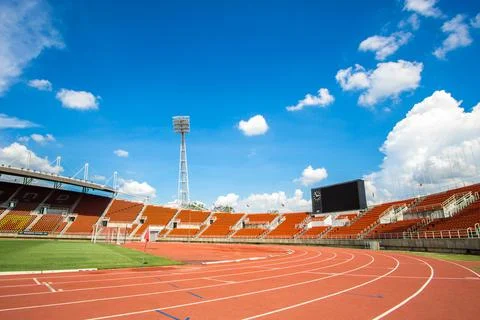 Red running track start point in athletic stadium from bangkok thailand on 20 Stock Photos