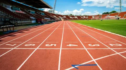 Red running track start point in athletic stadium from bangkok thailand on 20 Stock Photos