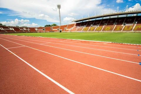 Red running track start point in athletic stadium from bangkok thailand on 20 Stock Photos