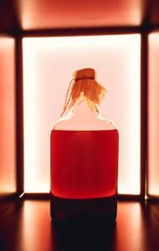 Red rustic bottle of sour liqueur isolated. National drinks. Natural drinks.  Ho Stock Photos