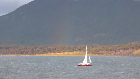 Red Sailboat Glides in Windy Beagle Channel with Rainbow, Patagonia Argentina Stock Footage 345151426