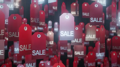 Red Sale Tags on String Video stock 253914475