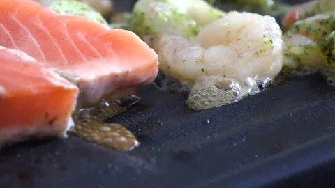 Red Salmon Fish Fillet on Electric Grill, Seafood Stock Footage 101941865