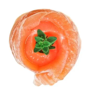 Red salmon roll with thyme twig Foto stock