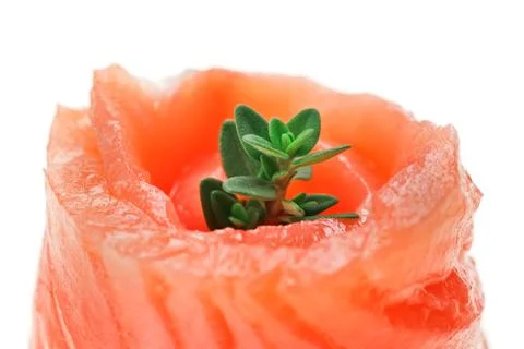 Red salmon roll with thyme twig Fotos Stock