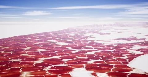 Red salt flats stretch across vast landscape under clear blue sky Stock Illustration