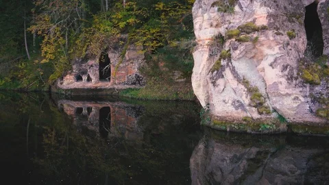 Red sand cliffs in Ligatne in the fall Stock Footage 119005997