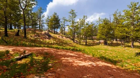 On a red sand path that runs through a virtual forest 3d render Stock Illustration