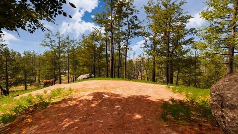On a red sand path that runs through a virtual forest 3d render Stock Illustration