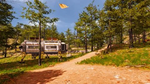 On a red sand path that runs through a virtual forest 3d render Stock Illustration