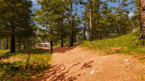On a red sand path that runs through a virtual forest 3d render Stock Illustration