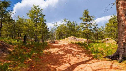 On a red sand path that runs through a virtual forest 3d render Stock Illustration