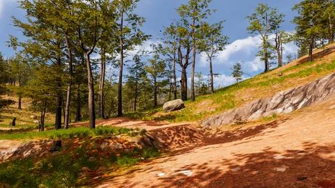 On a red sand path that runs through a virtual forest 3d render Stock Illustration