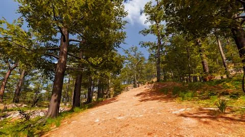 On a red sand path that runs through a virtual forest 3d render Stock Illustration