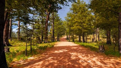 On a red sand path that runs through a virtual forest 3d render Stock Illustration