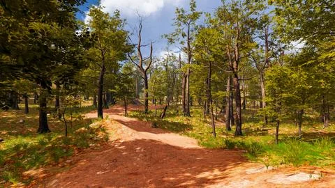 On a red sand path that runs through a virtual forest 3d render Stock Illustration