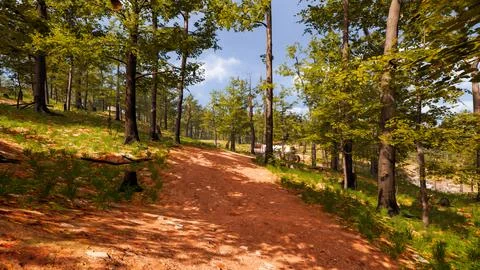 On a red sand path that runs through a virtual forest 3d render Stock Illustration