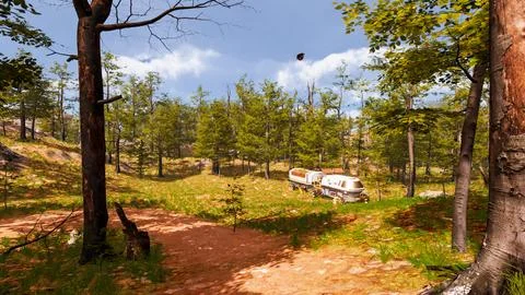 On a red sand path that runs through a virtual forest 3d render Stock Illustration