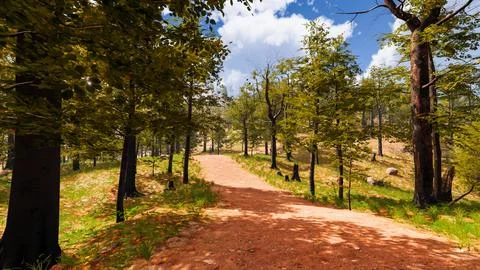 On a red sand path that runs through a virtual forest 3d render Stock Illustration