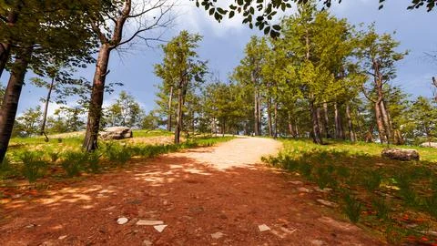 On a red sand path that runs through a virtual forest 3d render Stock Illustration