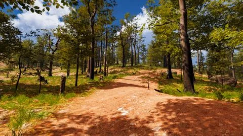 On a red sand path that runs through a virtual forest 3d render Stock Illustration