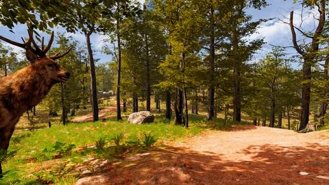On a red sand path that runs through a virtual forest 3d render Stock Illustration