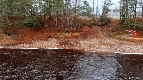 Red sandstone cliffs in the banks of river Salaca, Latvia 스톡 동영상 146209792