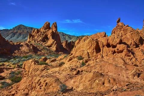 Red Sandstone Formations and Desert Landscape Valley of Fire Pinnacles Trail Stock Photos