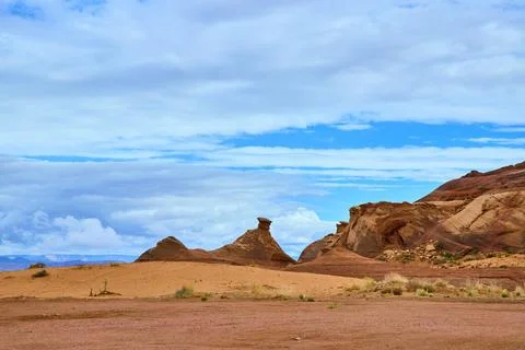 Red Sandstone Formations and Dramatic Sky in Desert Amphitheater Low Perspective Stock Photos