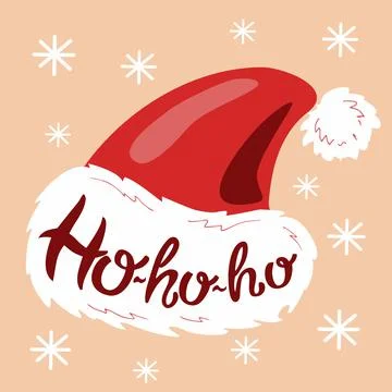 Red Santa Hat, Ho-Ho-Ho Lettering and Snowflakes Illustrazione stock