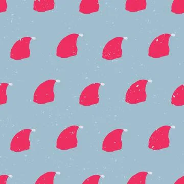 Red santa hats seamless vector pattern on blue Stock Illustration