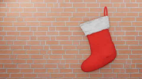 Red Santa sock on Brick wall background , 3D render Illustrazione stock