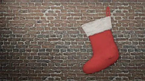 Red Santa sock on Brick wall background , 3D render Stock Illustration