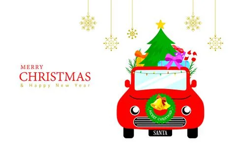 Red Santa's car with gift boxes and christmas tree. Stock Illustration