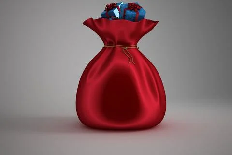 Red satin gift sack is featuring rope, blue ribboned boxes in vector on gray 写真素材