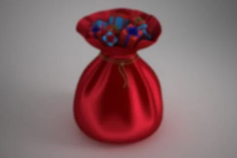 Red satin gift sack is standing on grey backdrop in 3D with golden cord and Stock Illustration