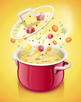 Red saucepan with lid. Kitchen tableware. Cooking food. kitchen cooking Stock Illustration