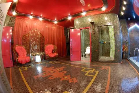Red sauna interior Stock Photos