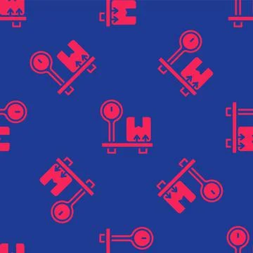 Red Scale with cardboard box icon isolated seamless pattern on blue background Stock Illustration