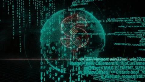 Red scanline sweeping, dollar-sign globe rotating, emitting streaming code Stock Footage 332505087