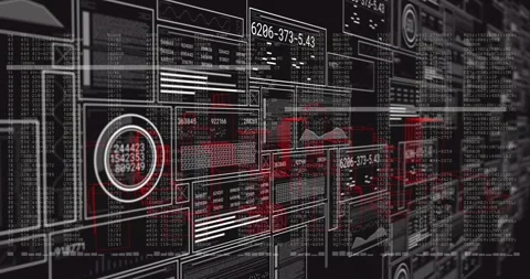 Red scanning bar sweeping 3D data grid and activating panels filling with live Stock Footage 326425580