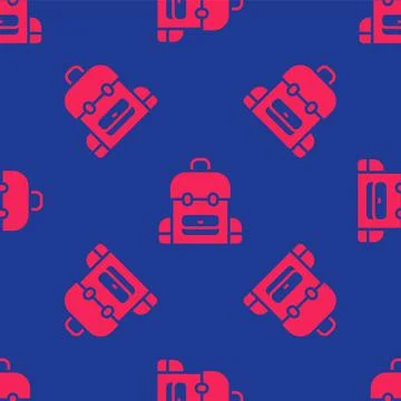 Red School backpack icon isolated seamless pattern on blue background. Vector Stockillustratie